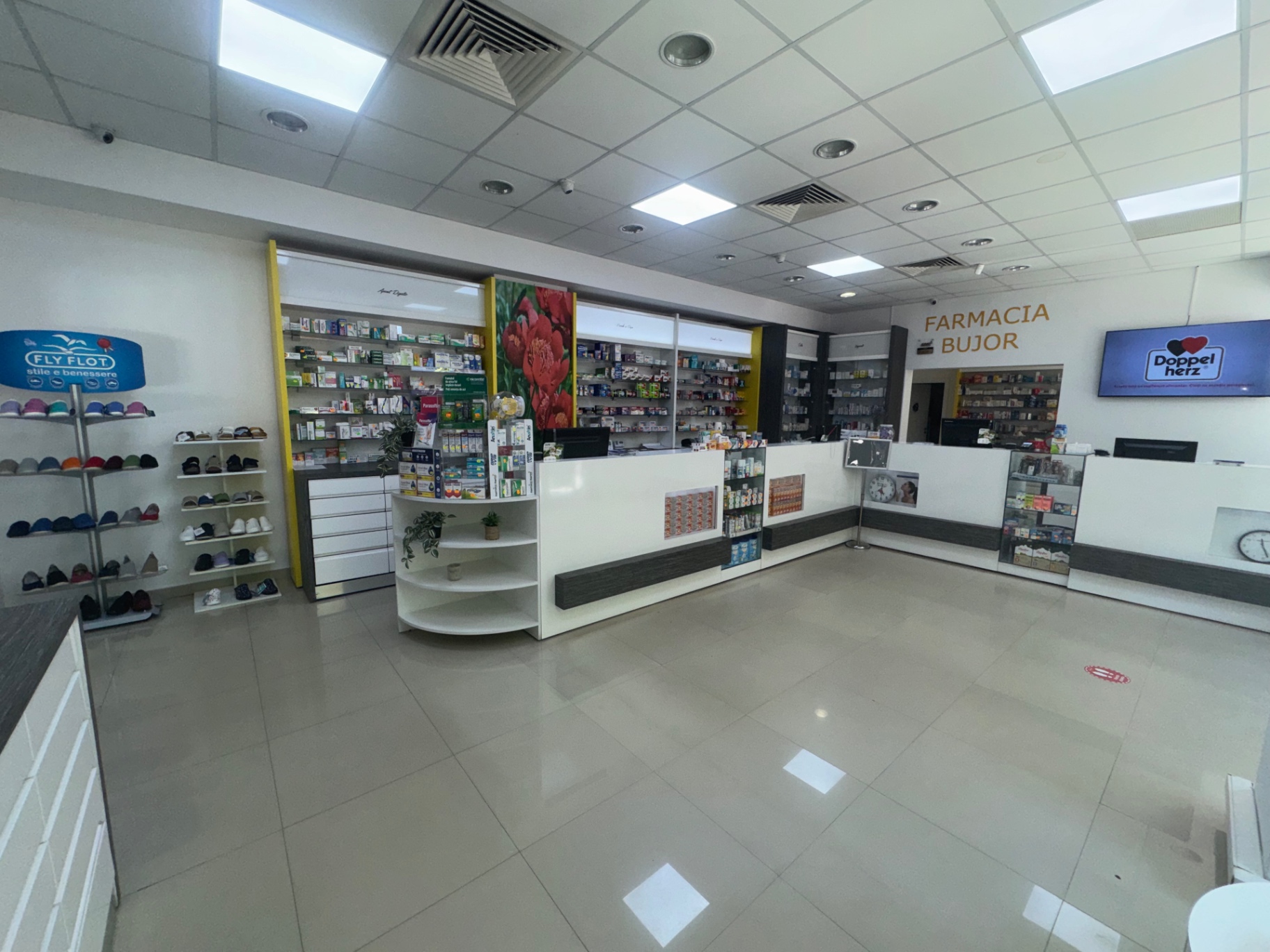 Interiorul farmaciei BUJOR FARM din Caracal cu rafturi curate și accente verzi