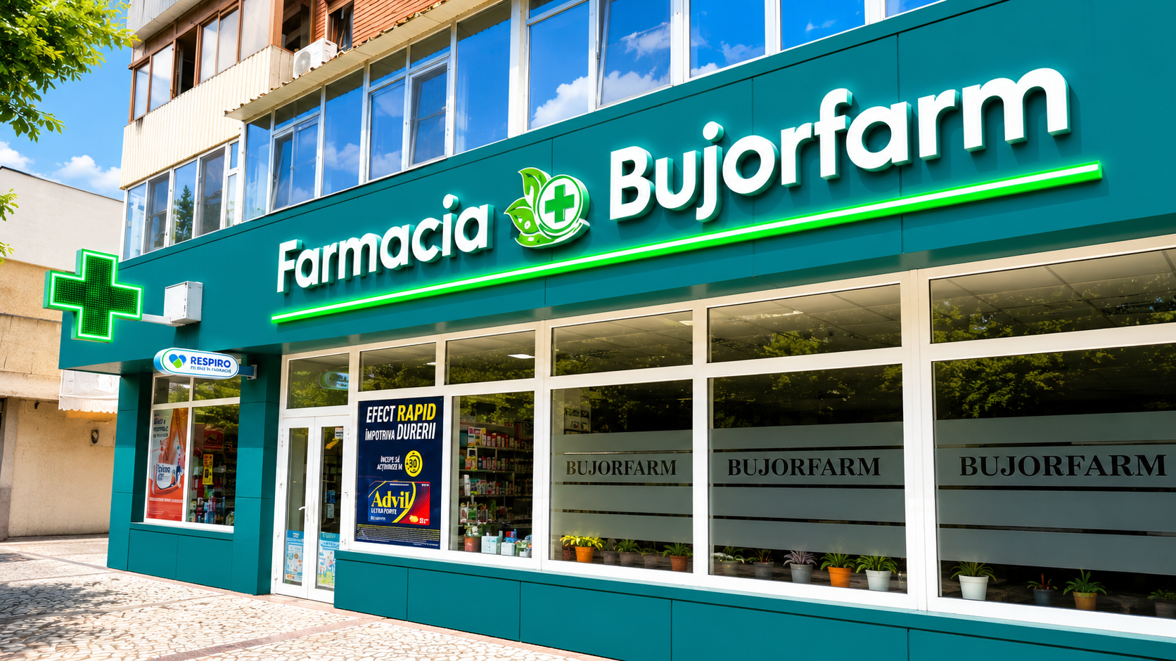 Exteriorul Farmaciei BUJOR FARM din Caracal — firmă luminoasă și cruce verde